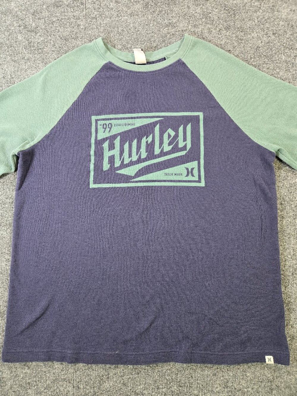 Hurley Waffle Knit Thermal Shirt Mens XL Purple Mint Green Raglan Long Sleeve